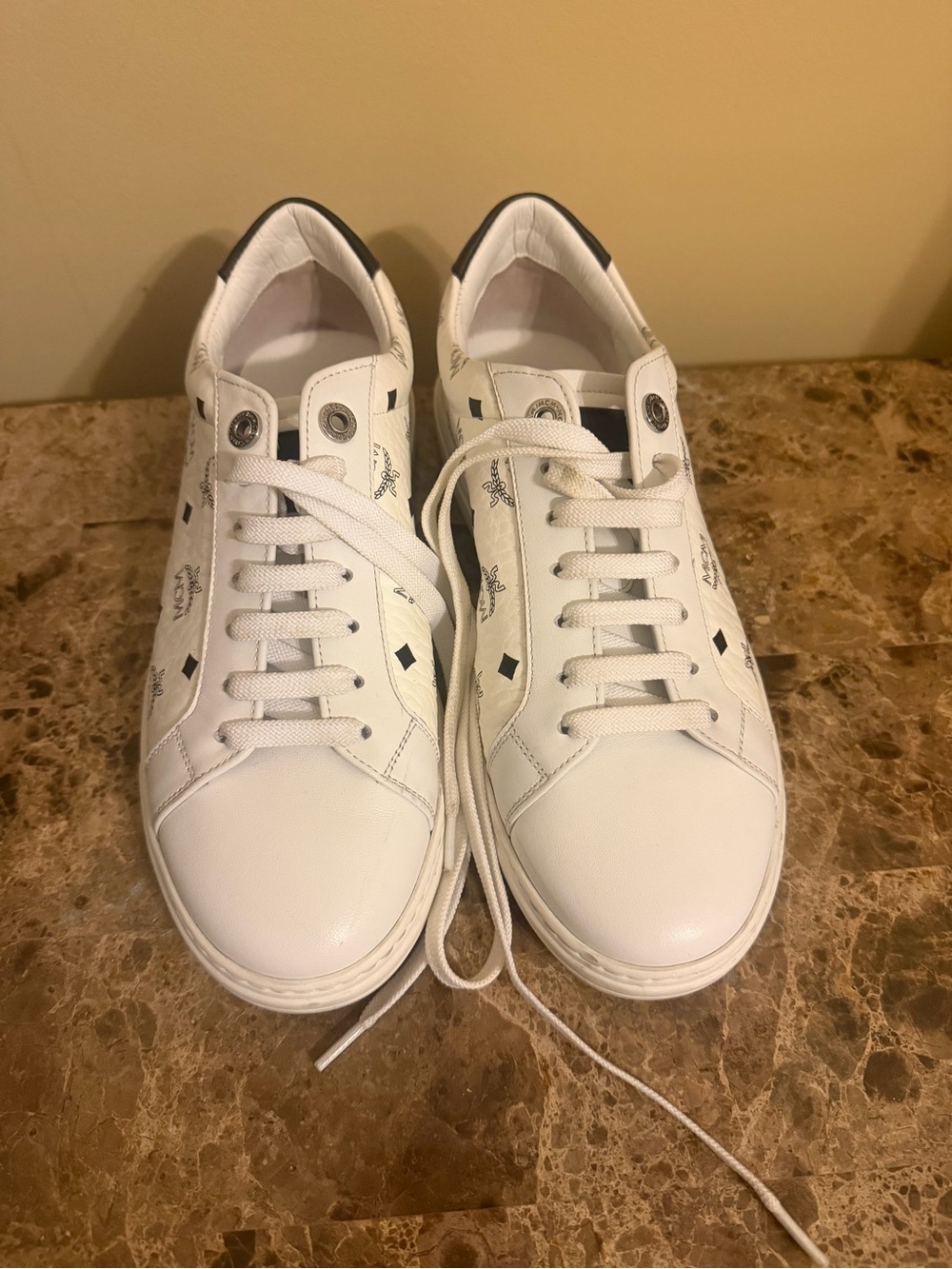 MCM White Leather Unisex Low-Top Sneakers with Black Accents